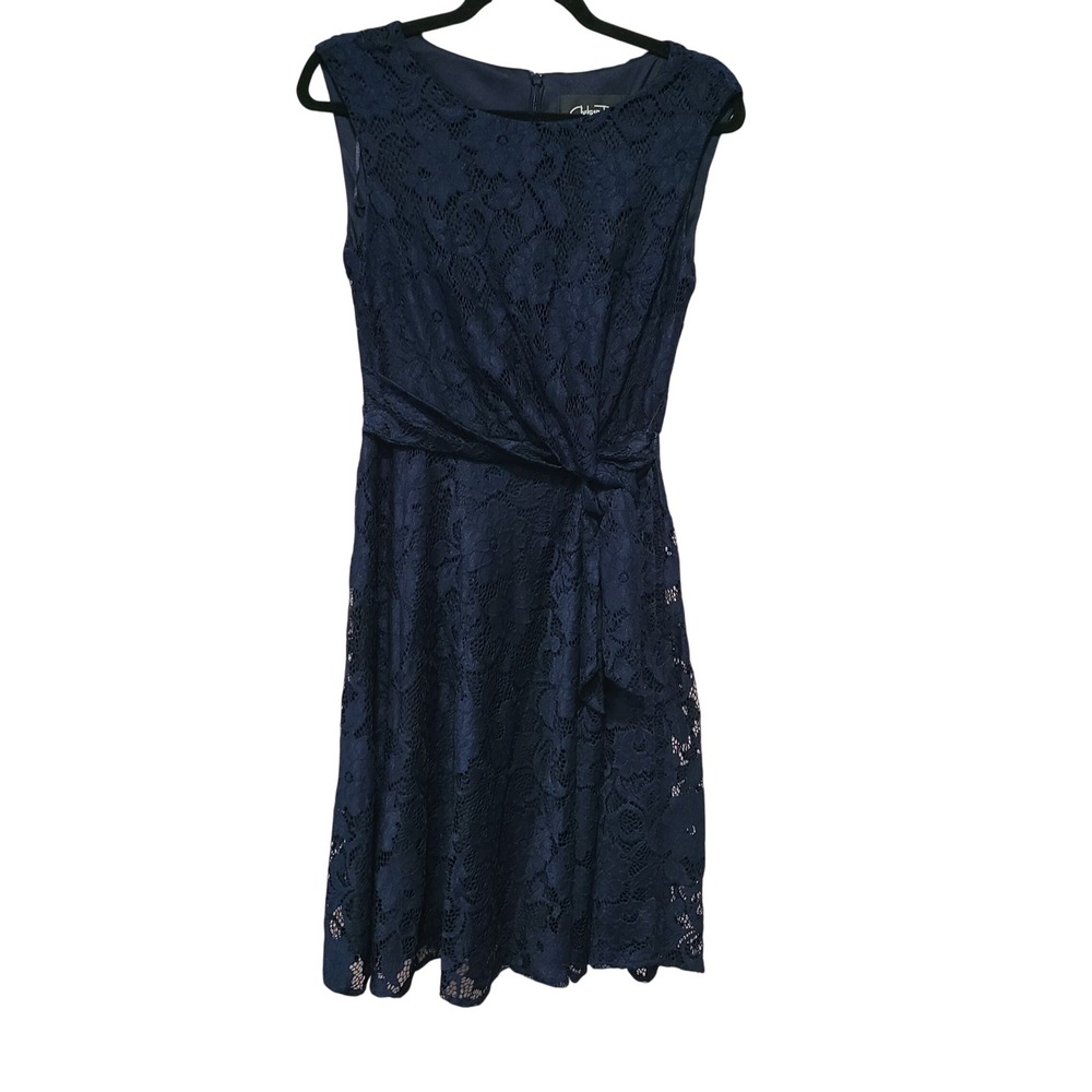 Chelsea Rose Womens Navy Blue Floral Lace Twist Front Cocktail Dress Size 2